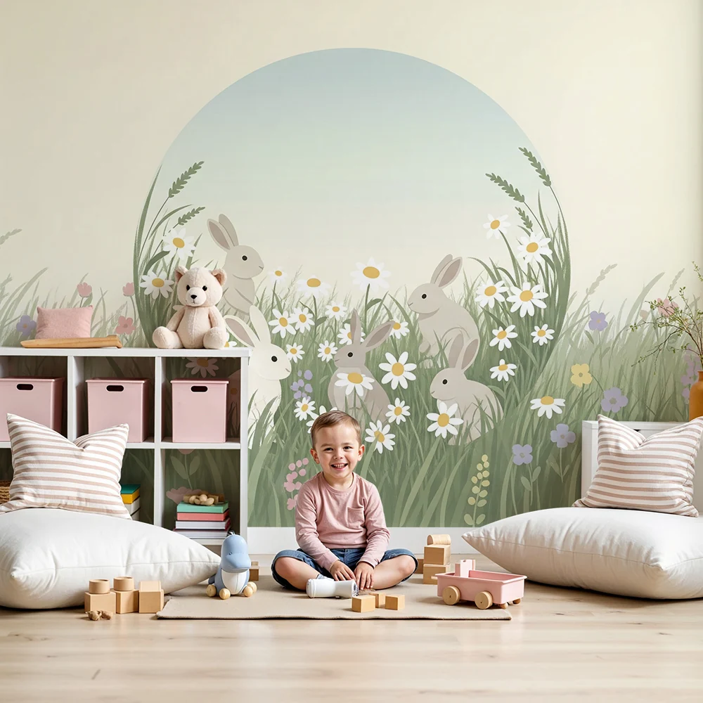 Papel de parede quarto bebê | Зайци в цветно поле с маргаритки