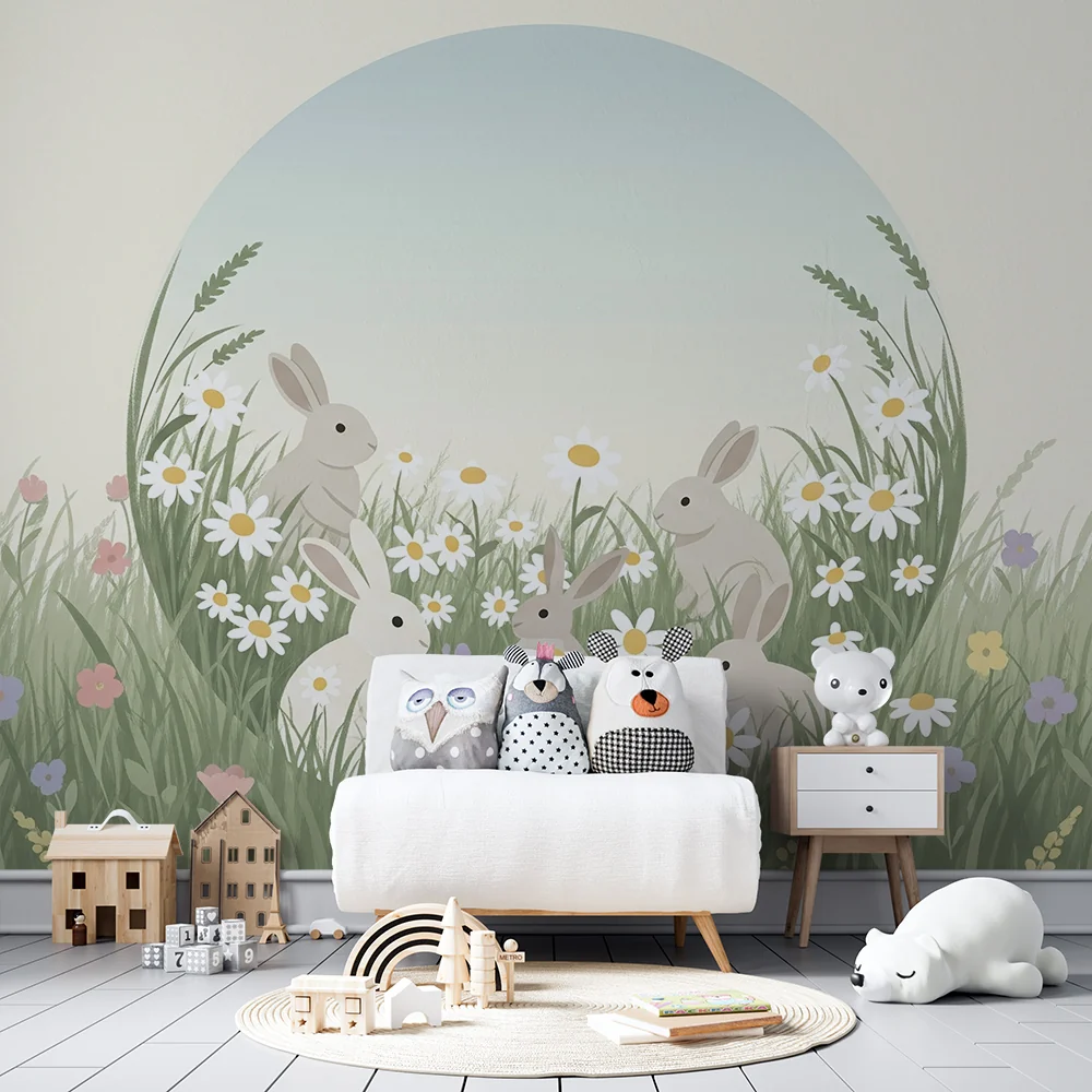 Papel de parede quarto bebê | Зайци в цветно поле с маргаритки