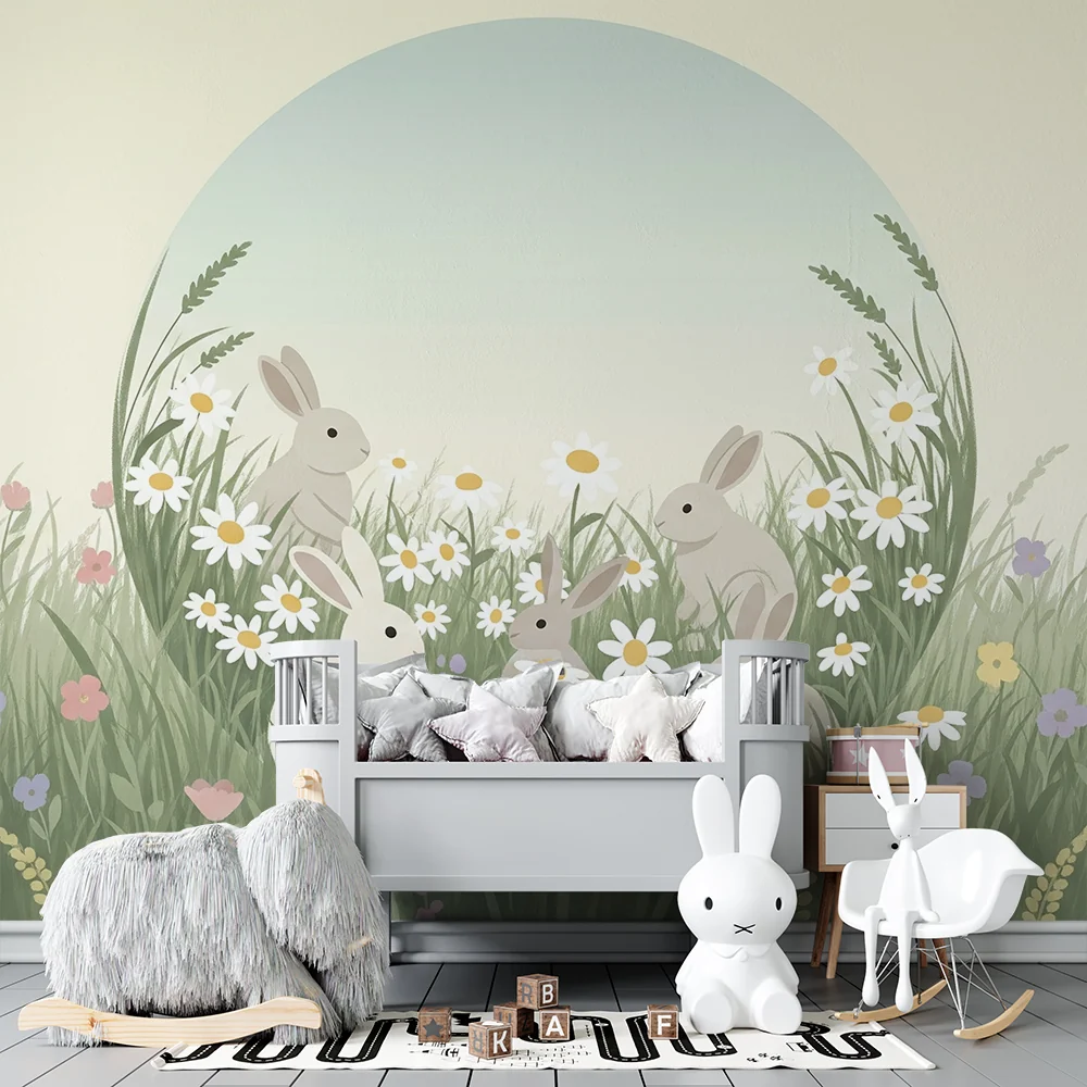 Papel de parede quarto bebê | Зайци в цветно поле с маргаритки
