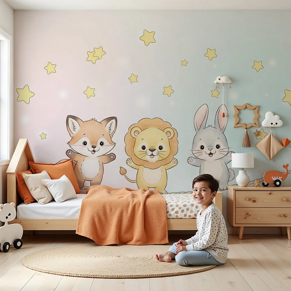 Papel de parede quarto bebê | Мили животни под звездите на деградиран фон