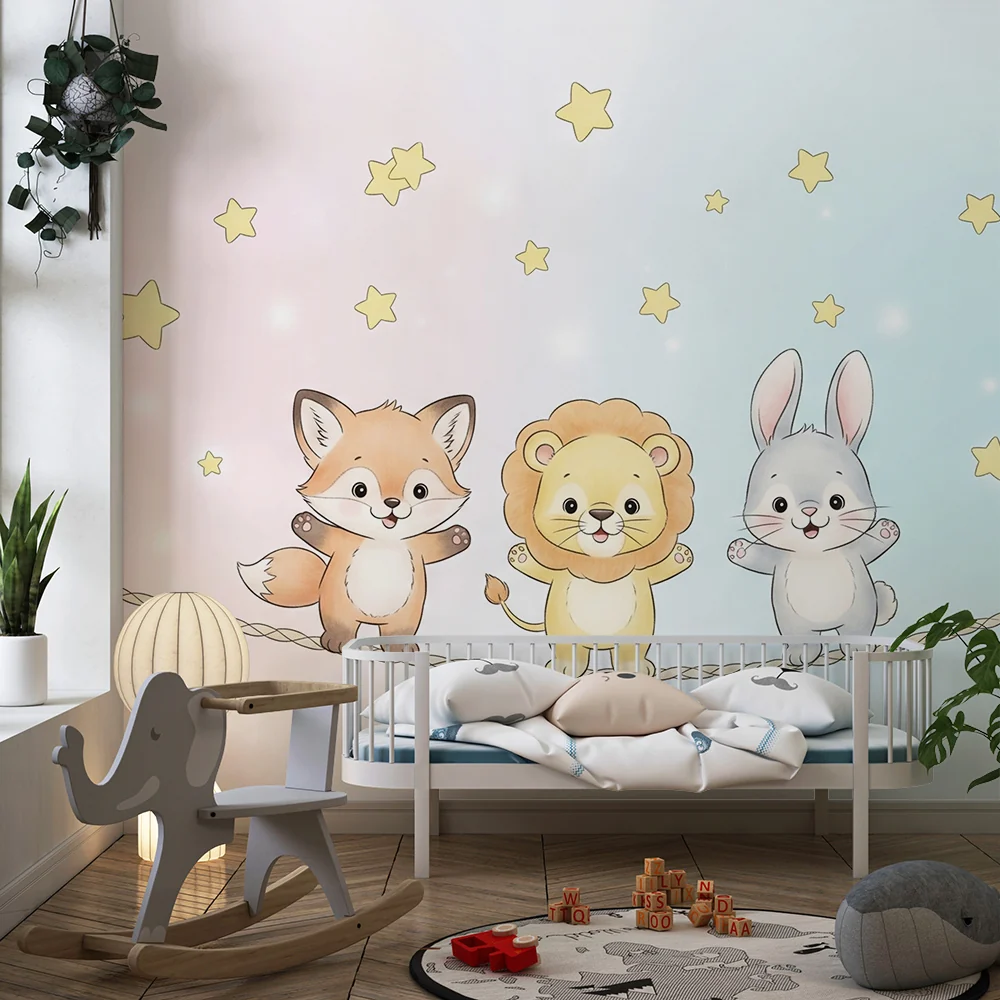 Papel de parede quarto bebê | Мили животни под звездите на деградиран фон