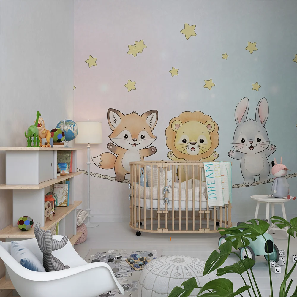 Papel de parede quarto bebê | Мили животни под звездите на деградиран фон