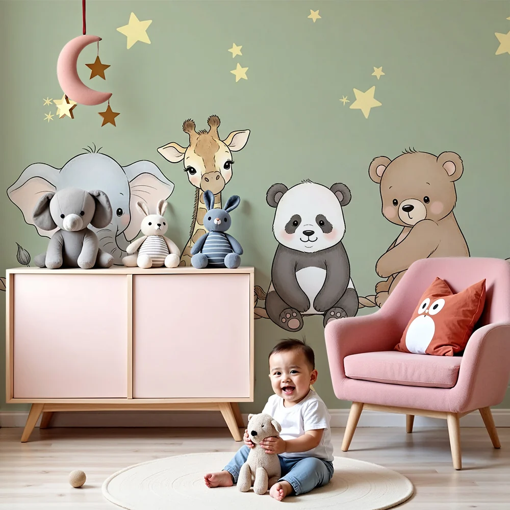 Papel de parede quarto bebê | Милите животни под жълтите звезди и зелената мента