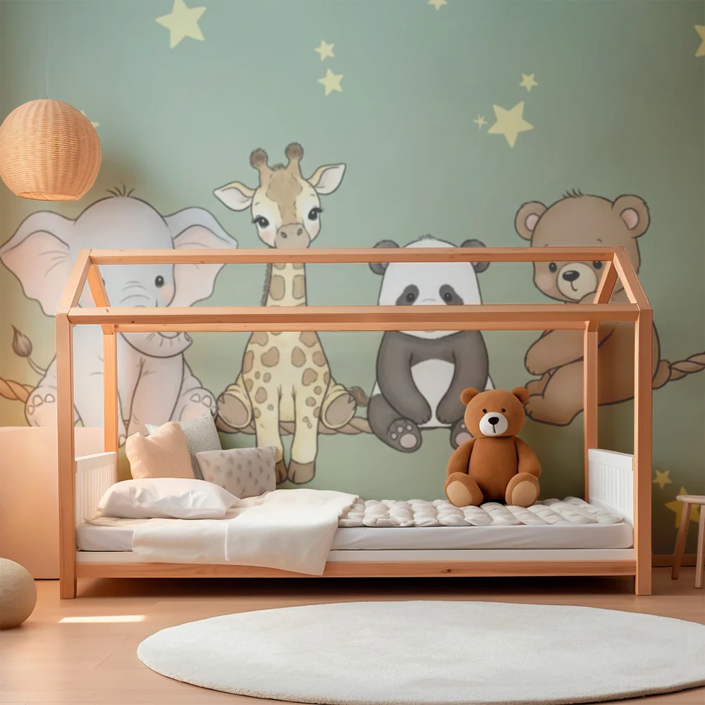 Papel de parede quarto bebê | Милите животни под жълтите звезди и зелената мента