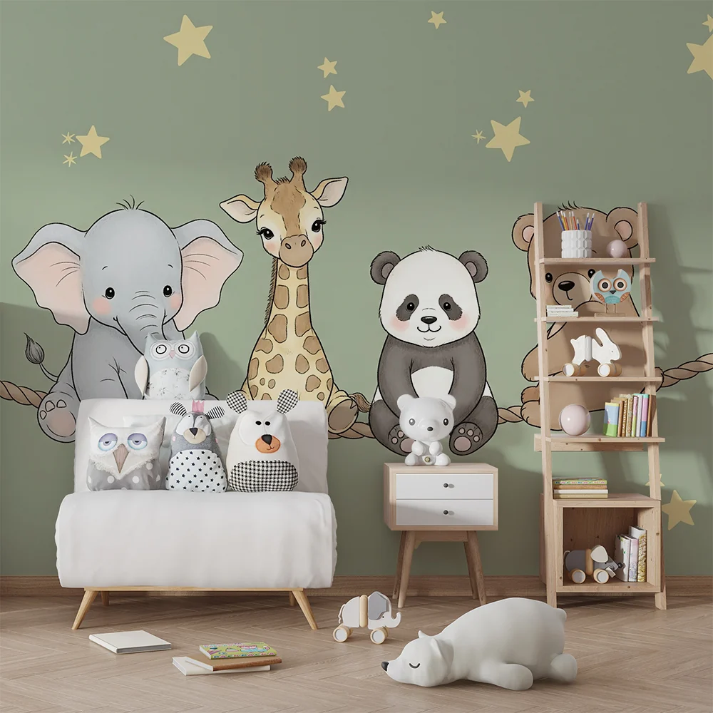 Papel de parede quarto bebê | Милите животни под жълтите звезди и зелената мента