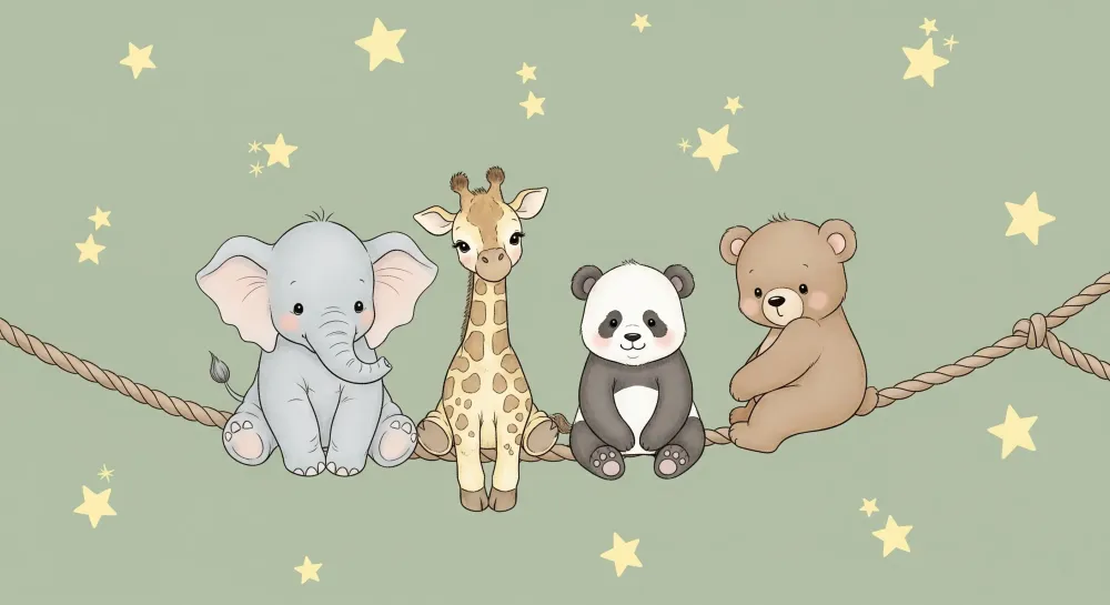 Papel de parede quarto bebê | Милите животни под жълтите звезди и зелената мента