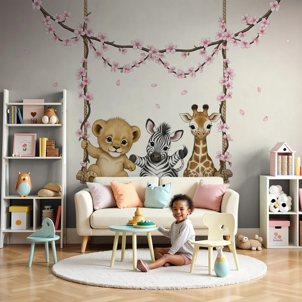 Papel de parede quarto bebê | Мили животни на цветна люлка