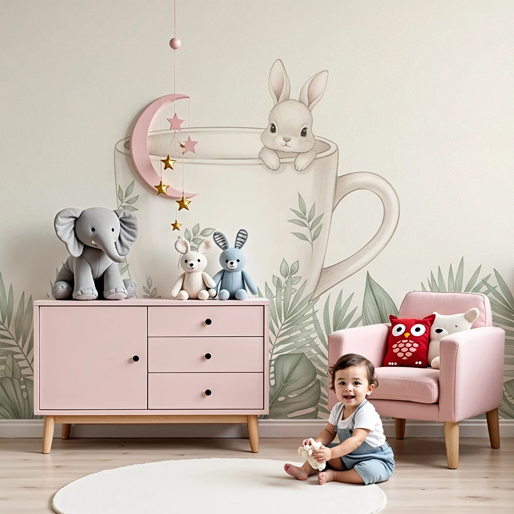 Papel de parede quarto bebê | Симпатичен заек в чаша с тропическо листо