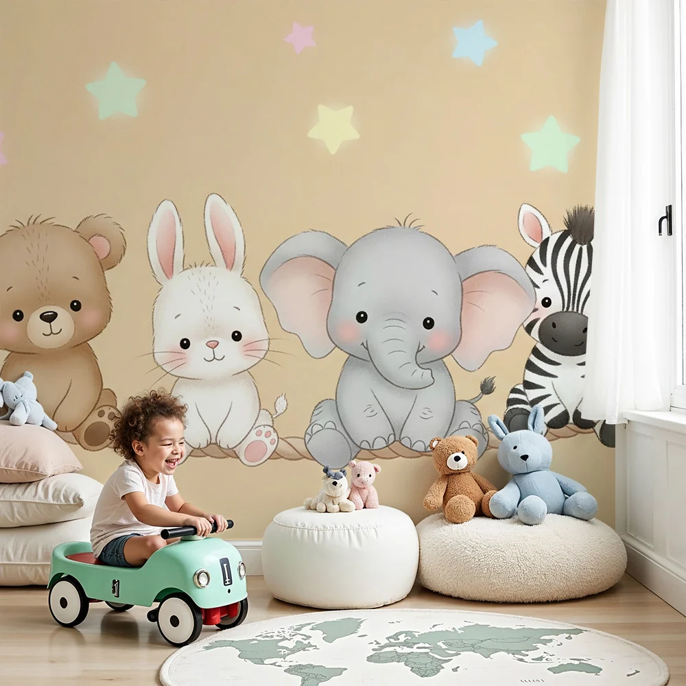 Papel de parede quarto bebê | Милите животни на връв със звезди на фон