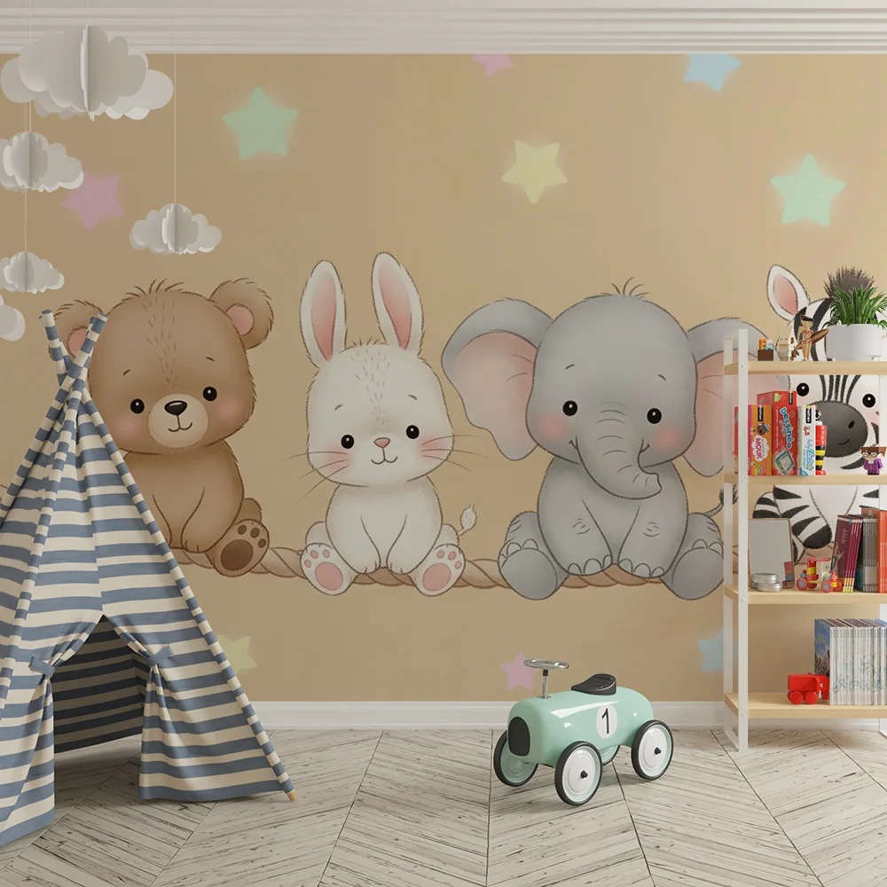 Papel de parede quarto bebê | Милите животни на връв със звезди на фон