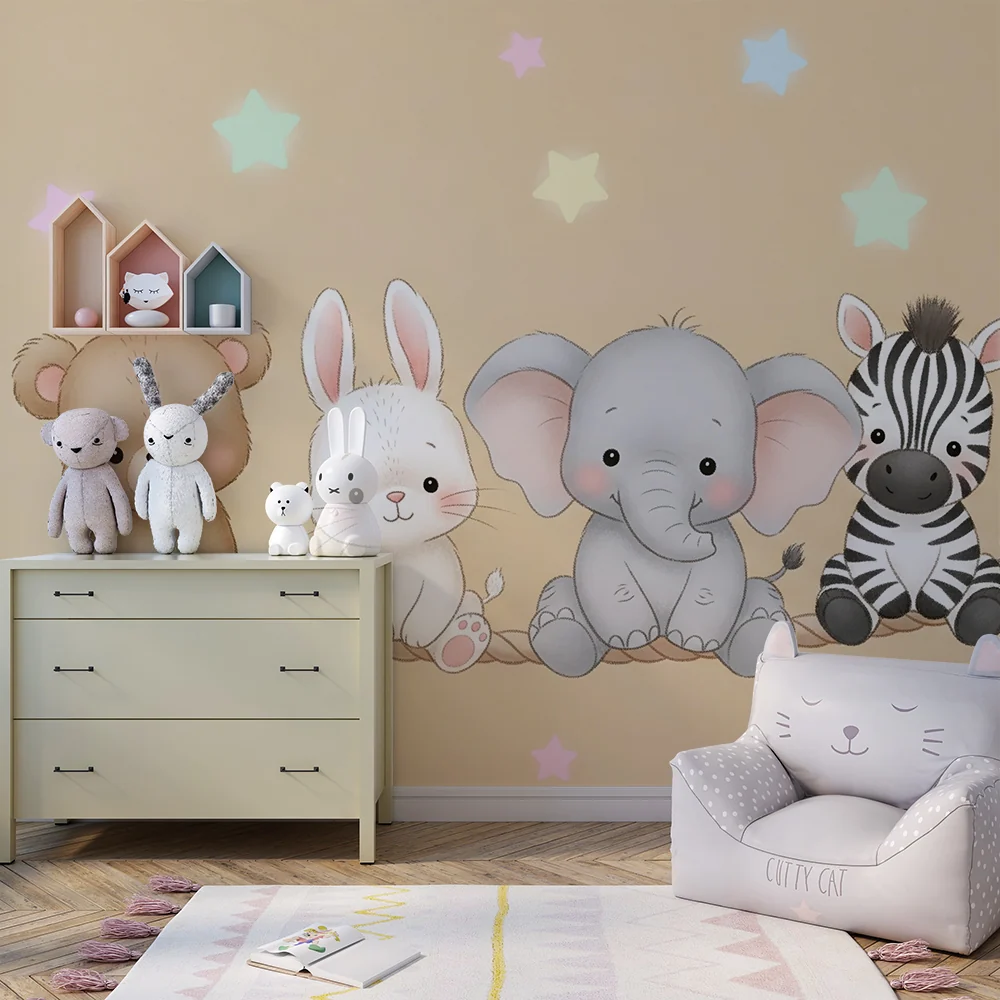 Papel de parede quarto bebê | Милите животни на връв със звезди на фон