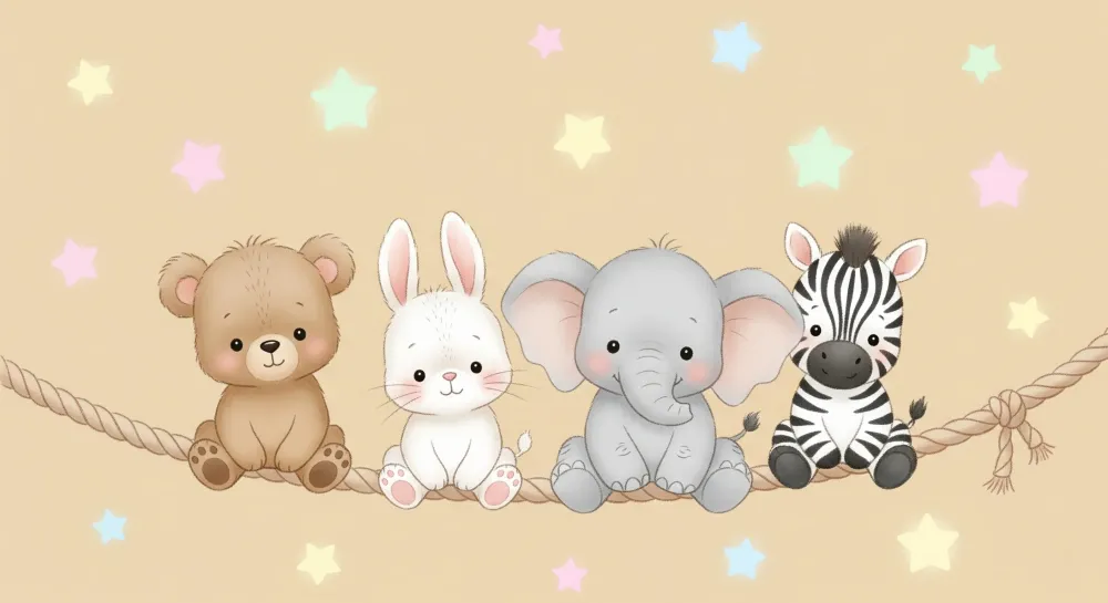 Papel de parede quarto bebê | Милите животни на връв със звезди на фон