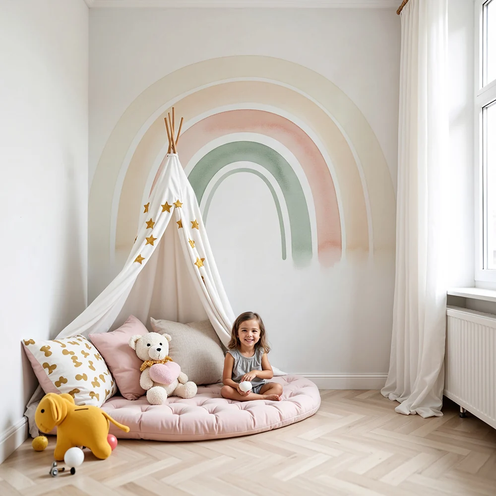 Papel de parede quarto bebê | Мек дъга от акварел в пастелни тонове