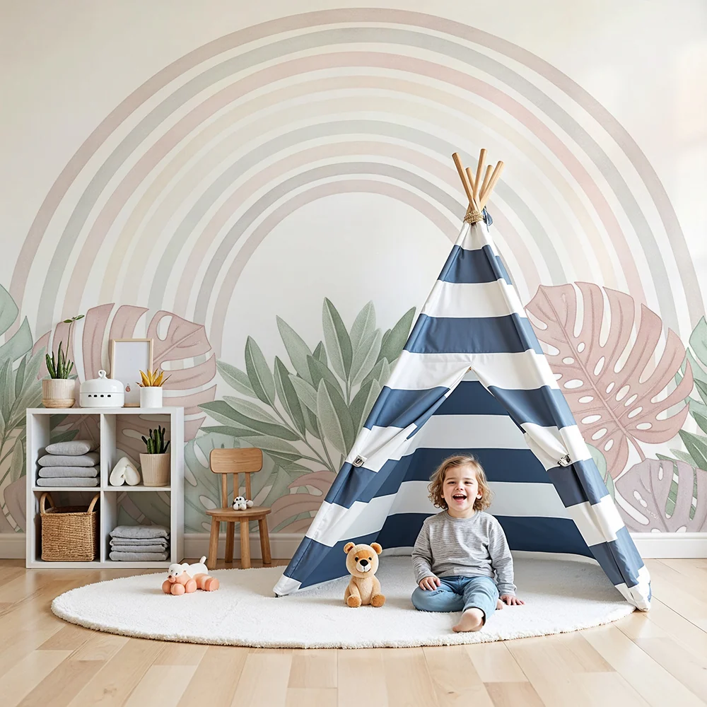 Papel de parede quarto bebê | Сладък дъга и пастелни тропически листа