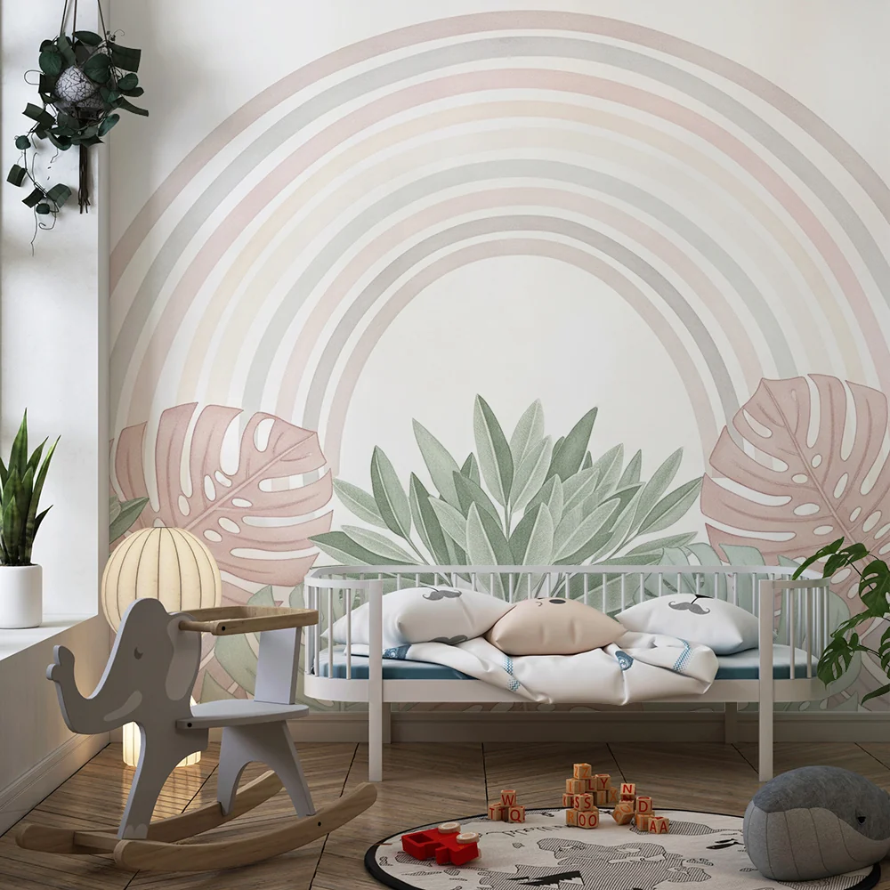 Papel de parede quarto bebê | Сладък дъга и пастелни тропически листа