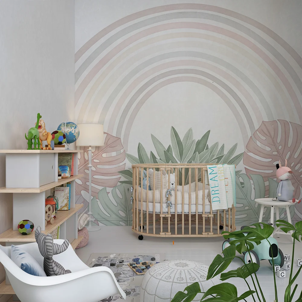 Papel de parede quarto bebê | Сладък дъга и пастелни тропически листа