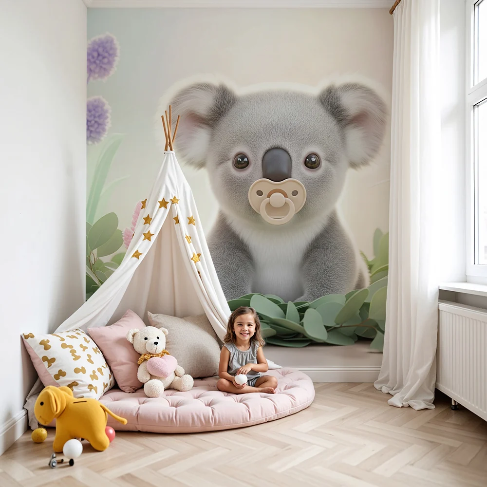 Papel de parede quarto bebê | Прекрасен коала в цветна градина