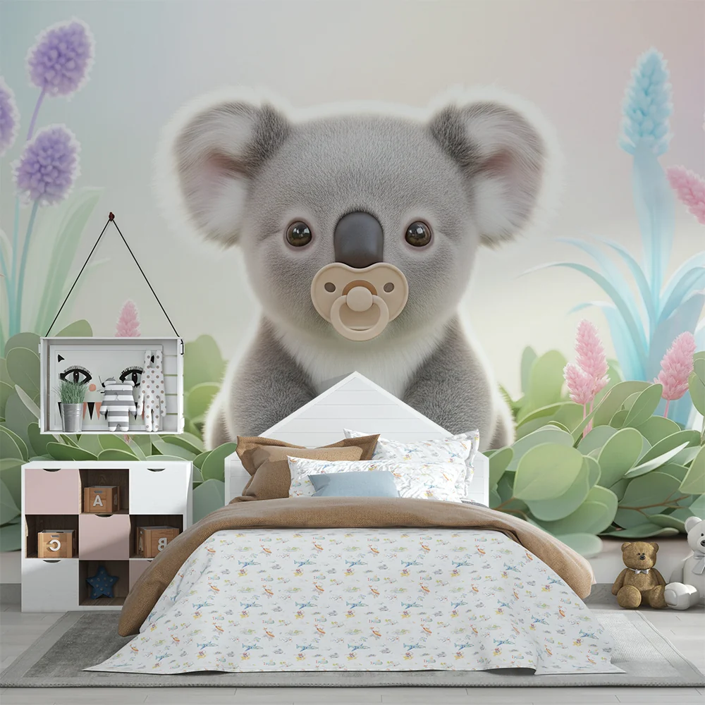Papel de parede quarto bebê | Прекрасен коала в цветна градина