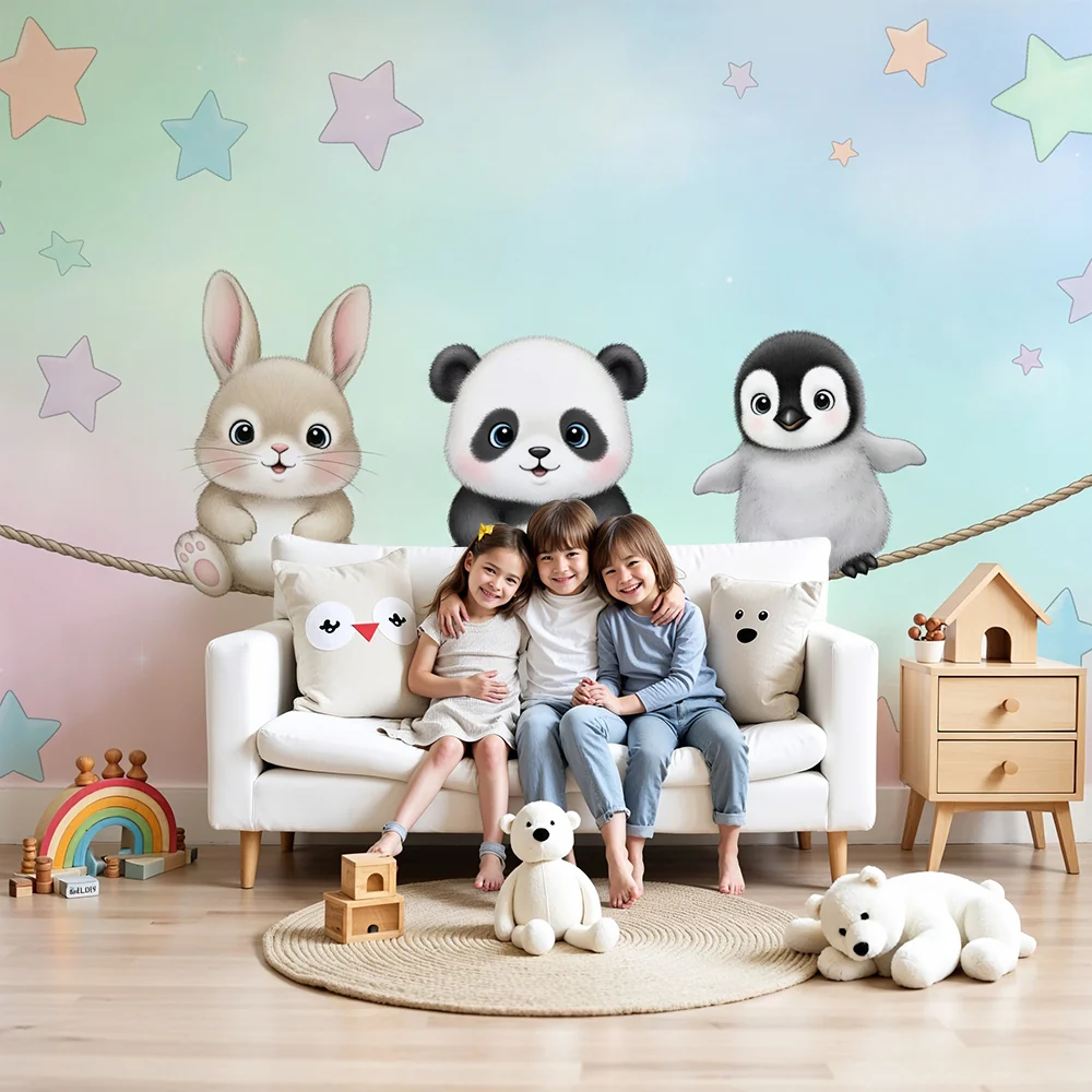 Papel de parede quarto bebê | Мили животни под звездите синьо и розово фон