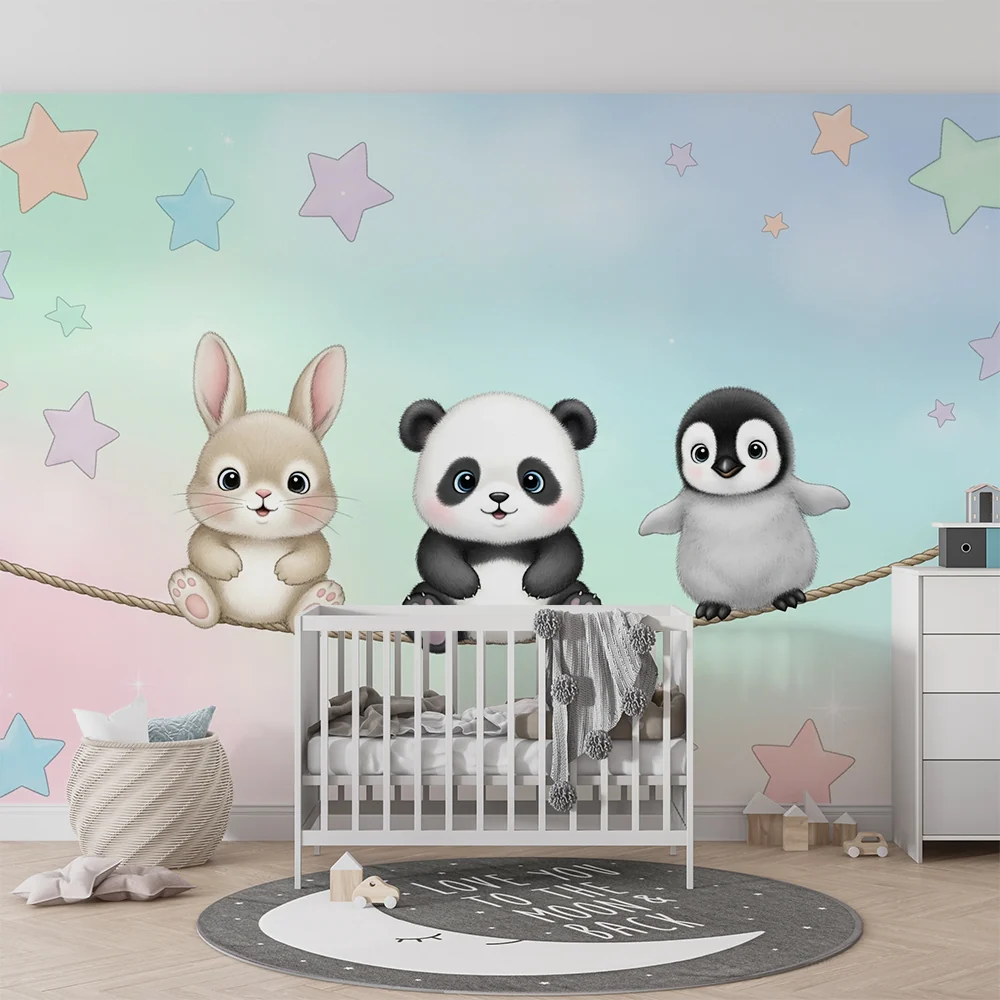 Papel de parede quarto bebê | Мили животни под звездите синьо и розово фон
