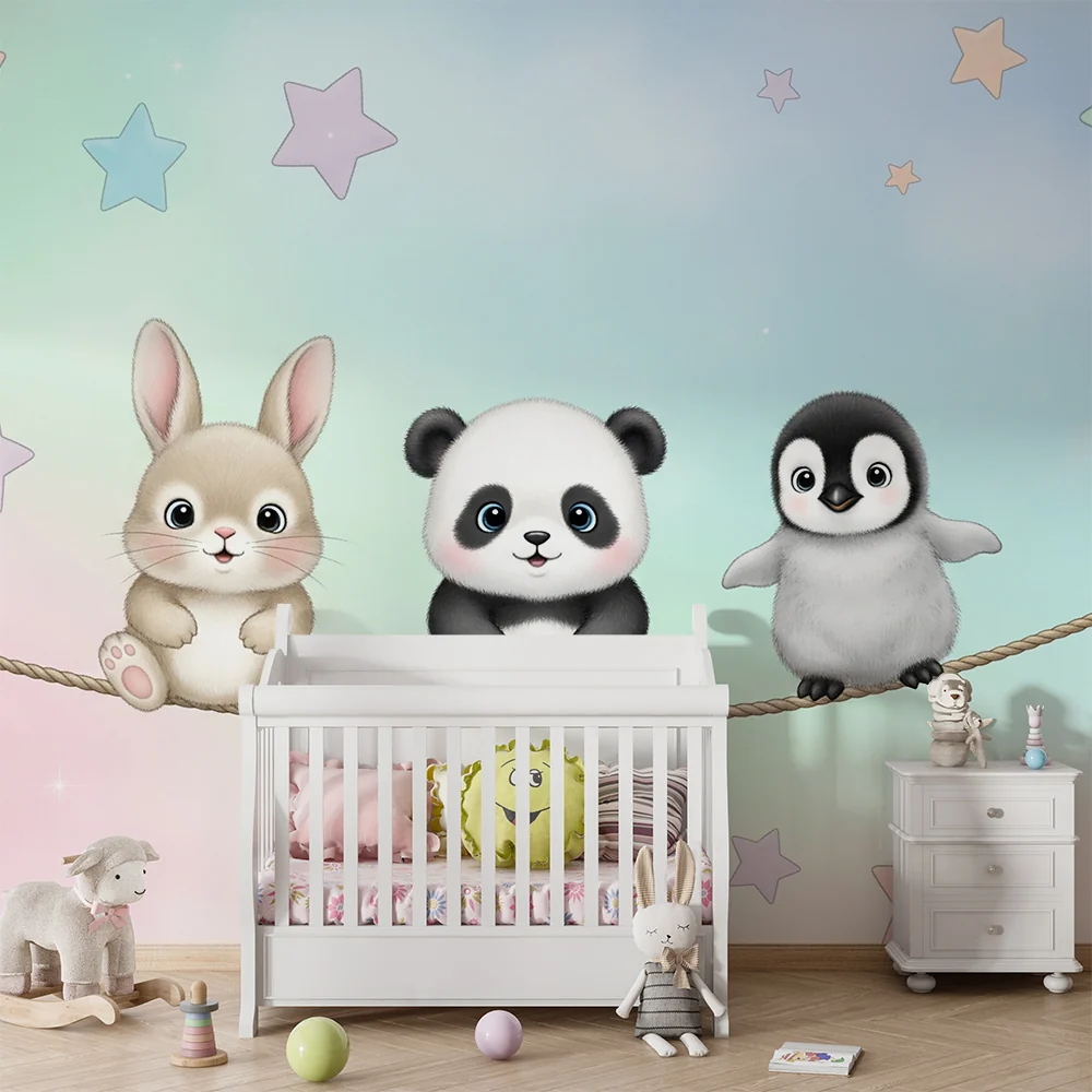 Papel de parede quarto bebê | Мили животни под звездите синьо и розово фон