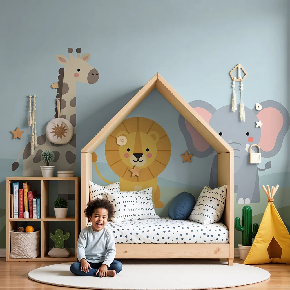 Papel de parede quarto bebê | Чудни животни от саваната с жираф, лъв и слон