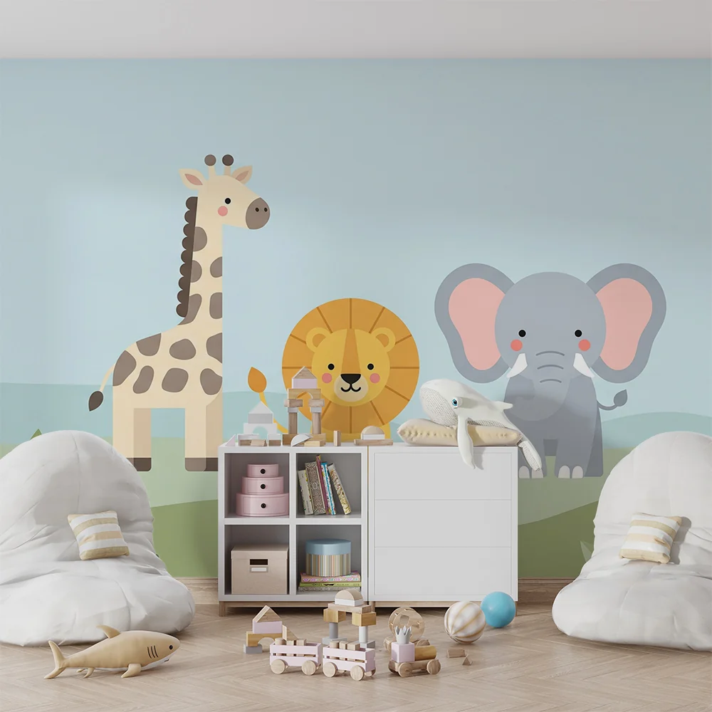 Papel de parede quarto bebê | Чудни животни от саваната с жираф, лъв и слон