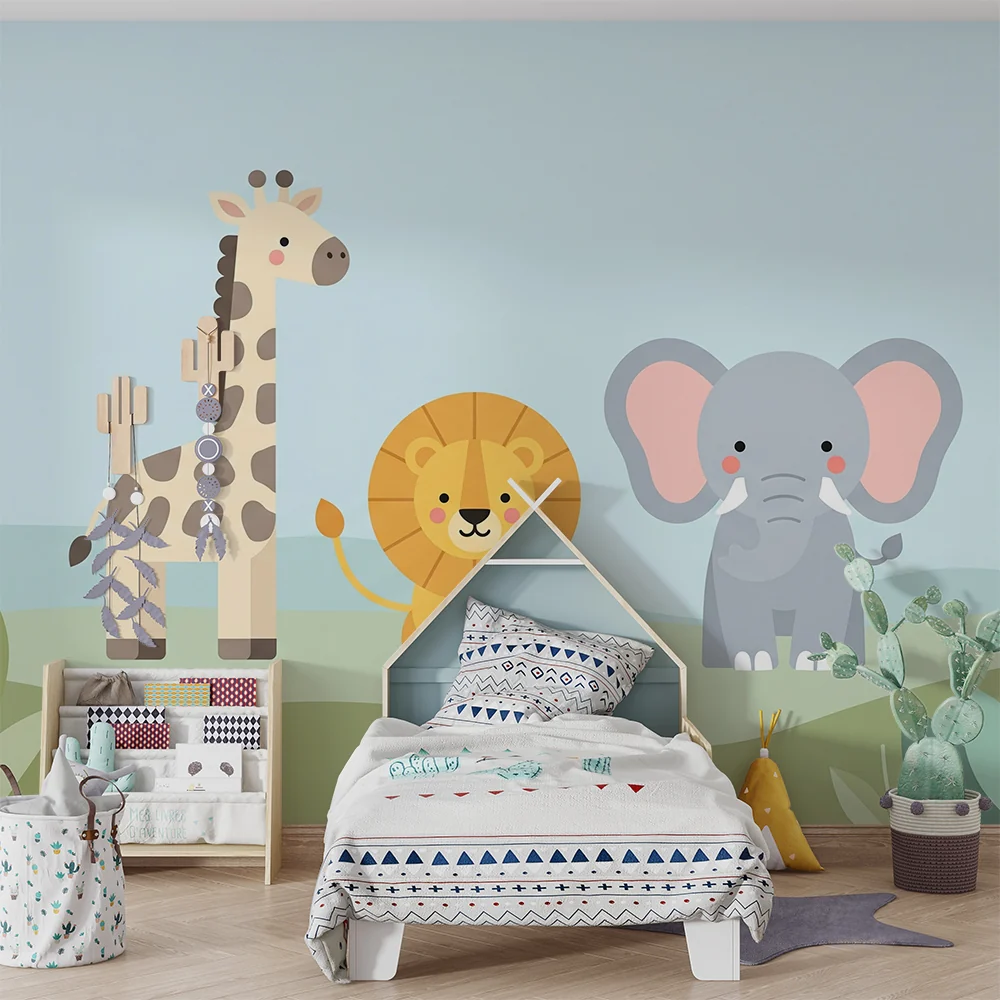 Papel de parede quarto bebê | Чудни животни от саваната с жираф, лъв и слон