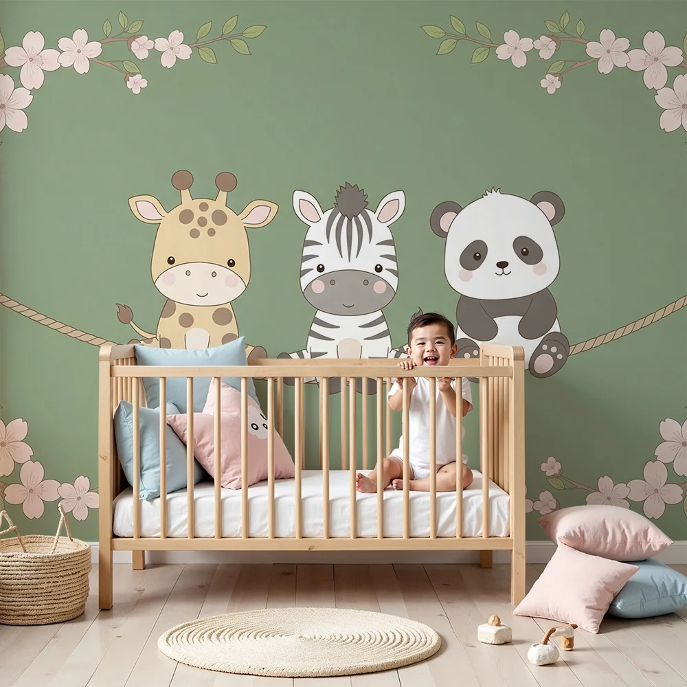 Papel de parede quarto bebê | Симпатични животни на люлка, заобиколени от цветя