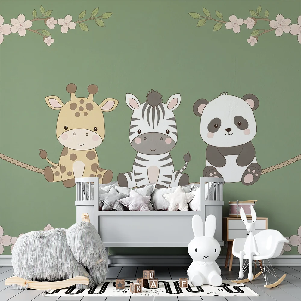 Papel de parede quarto bebê | Симпатични животни на люлка, заобиколени от цветя