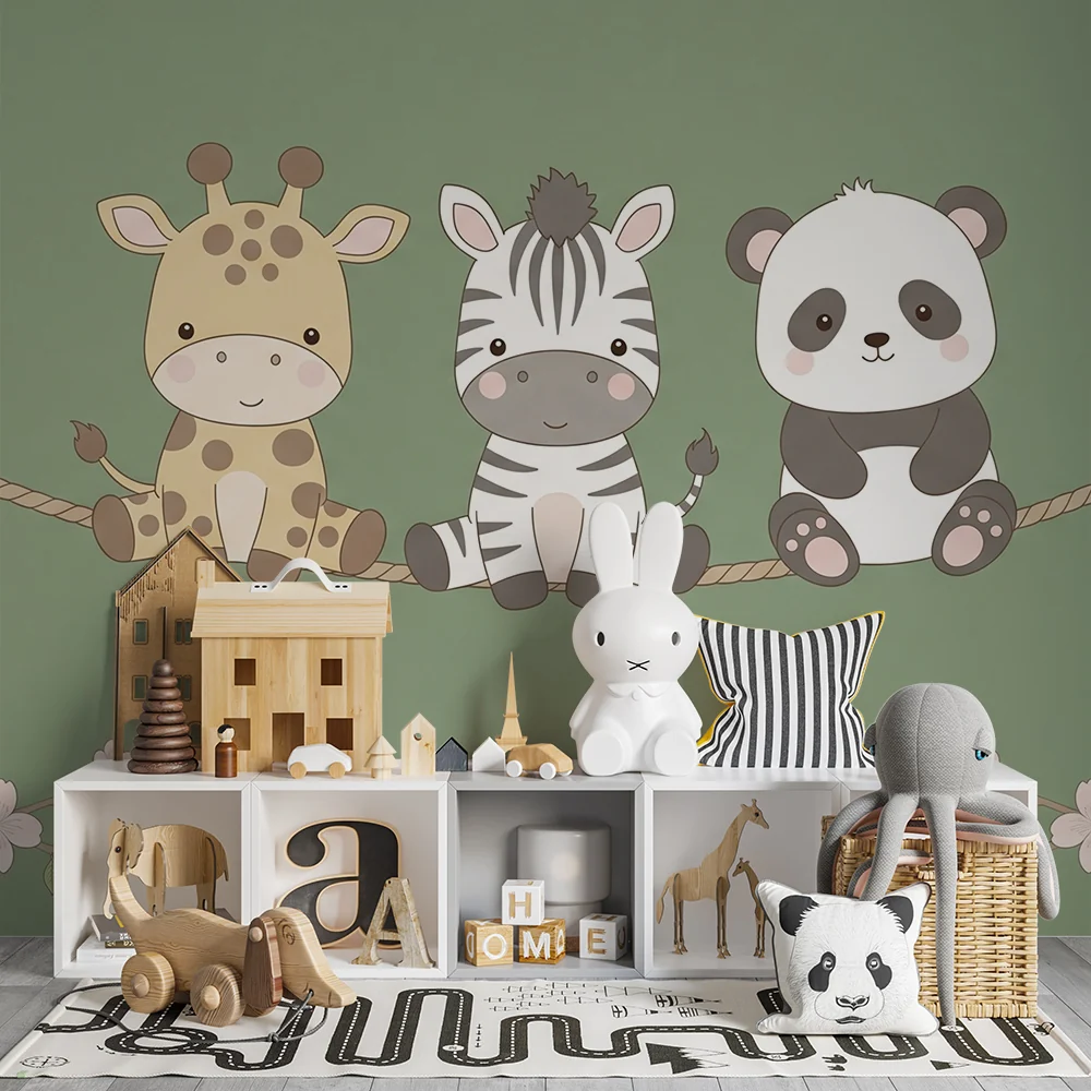 Papel de parede quarto bebê | Симпатични животни на люлка, заобиколени от цветя