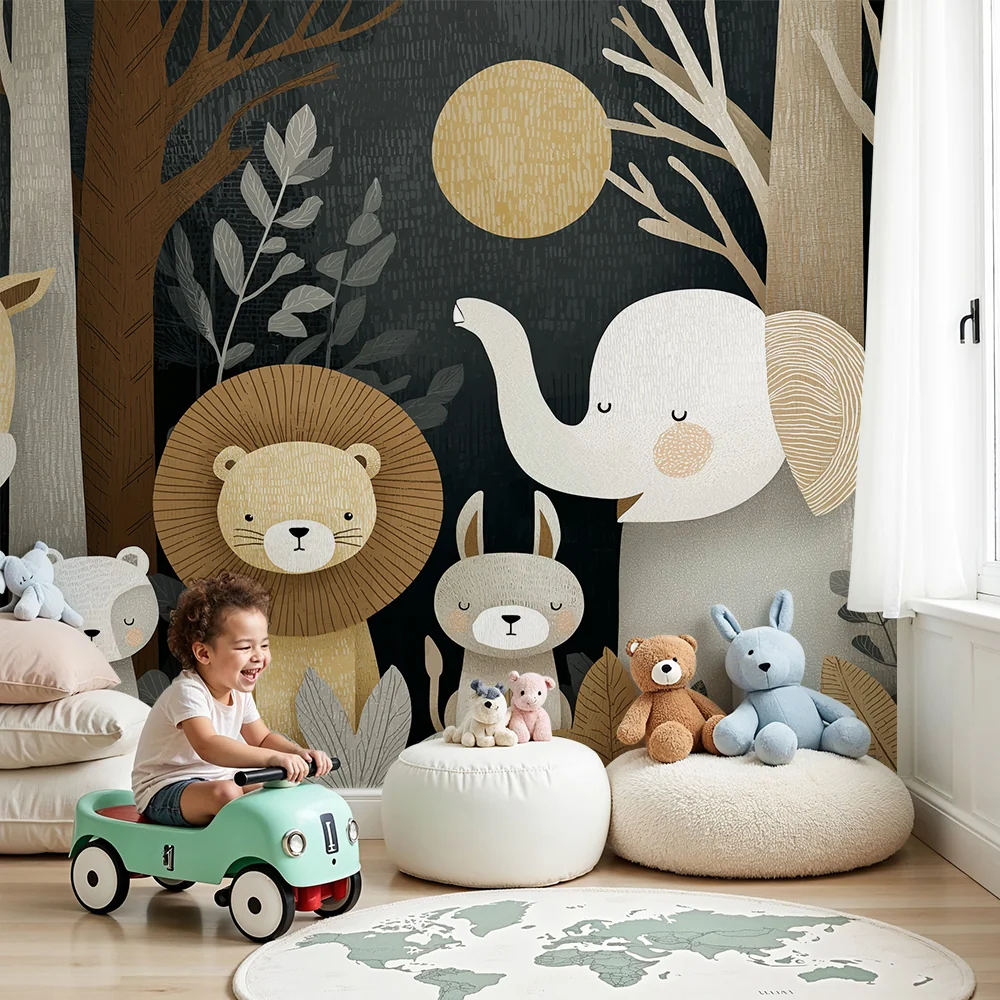 Papel de parede quarto bebê | Симпатични животни в гората с нежни тонове