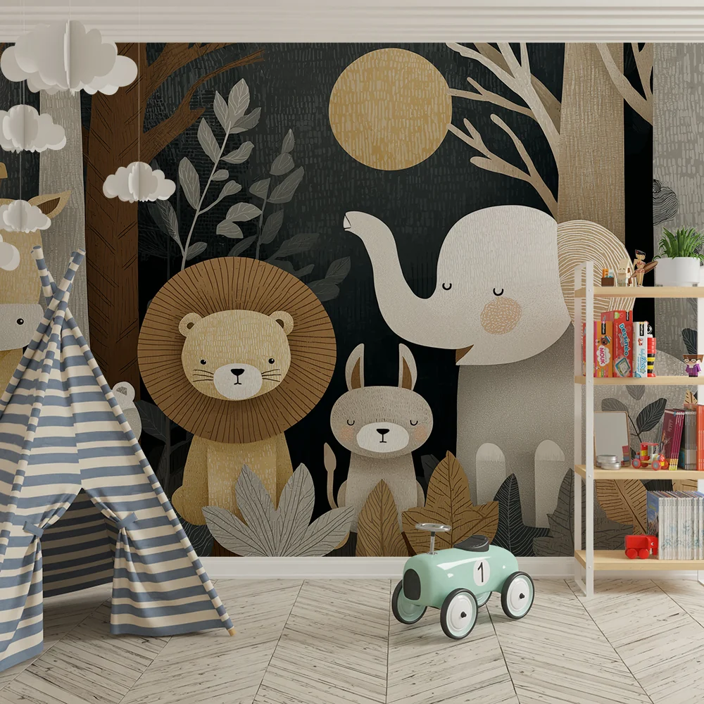 Papel de parede quarto bebê | Симпатични животни в гората с нежни тонове