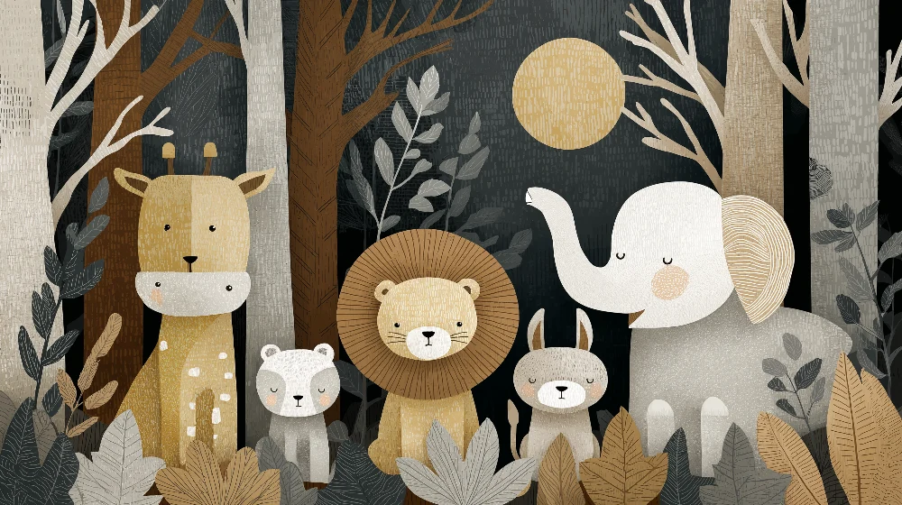 Papel de parede quarto bebê | Симпатични животни в гората с нежни тонове