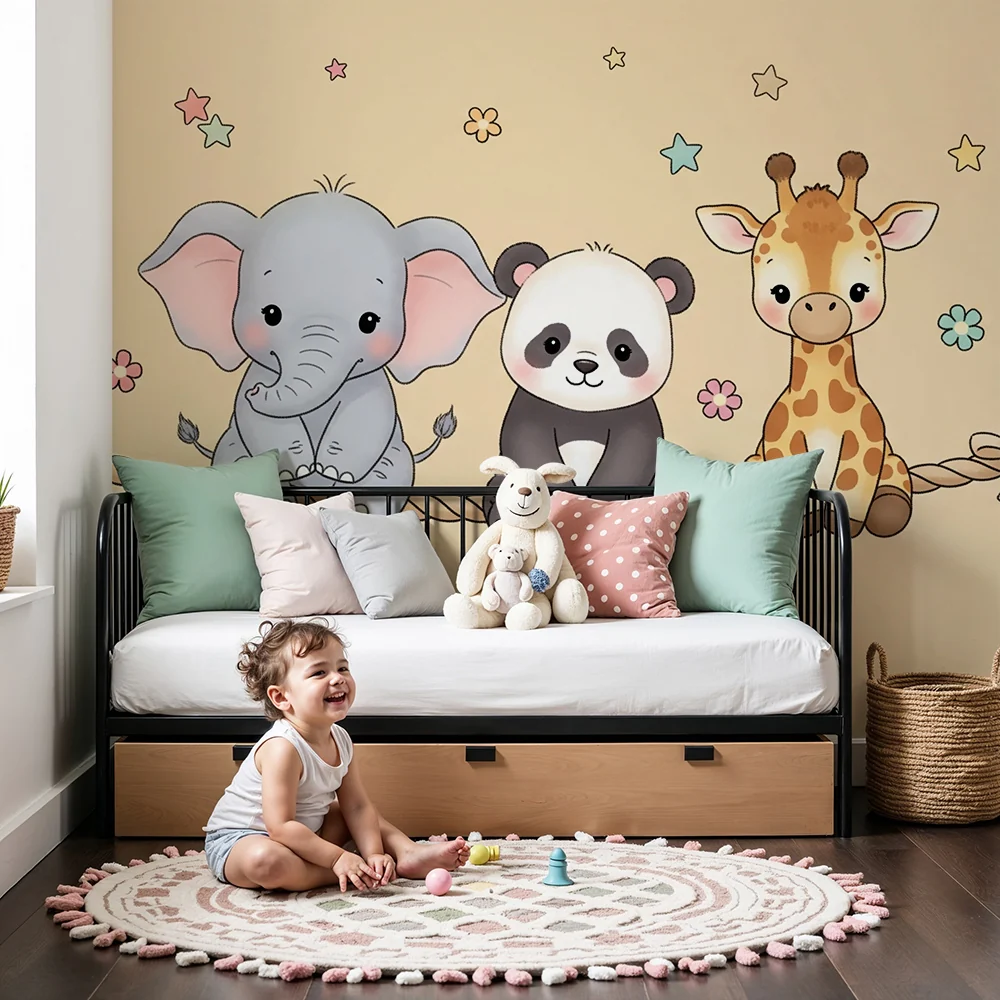 Papel de parede quarto bebê | Милите животни на канап в бежов фон