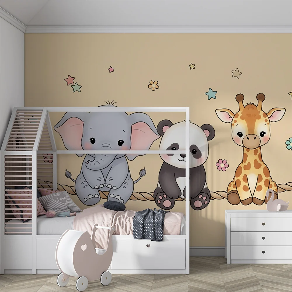 Papel de parede quarto bebê | Милите животни на канап в бежов фон