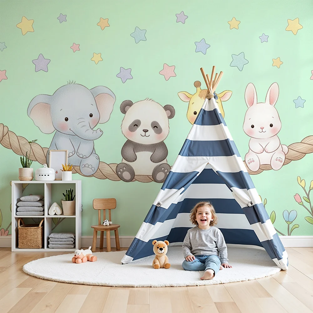 Papel de parede quarto bebê | Симпатични животни на въже в детски стил
