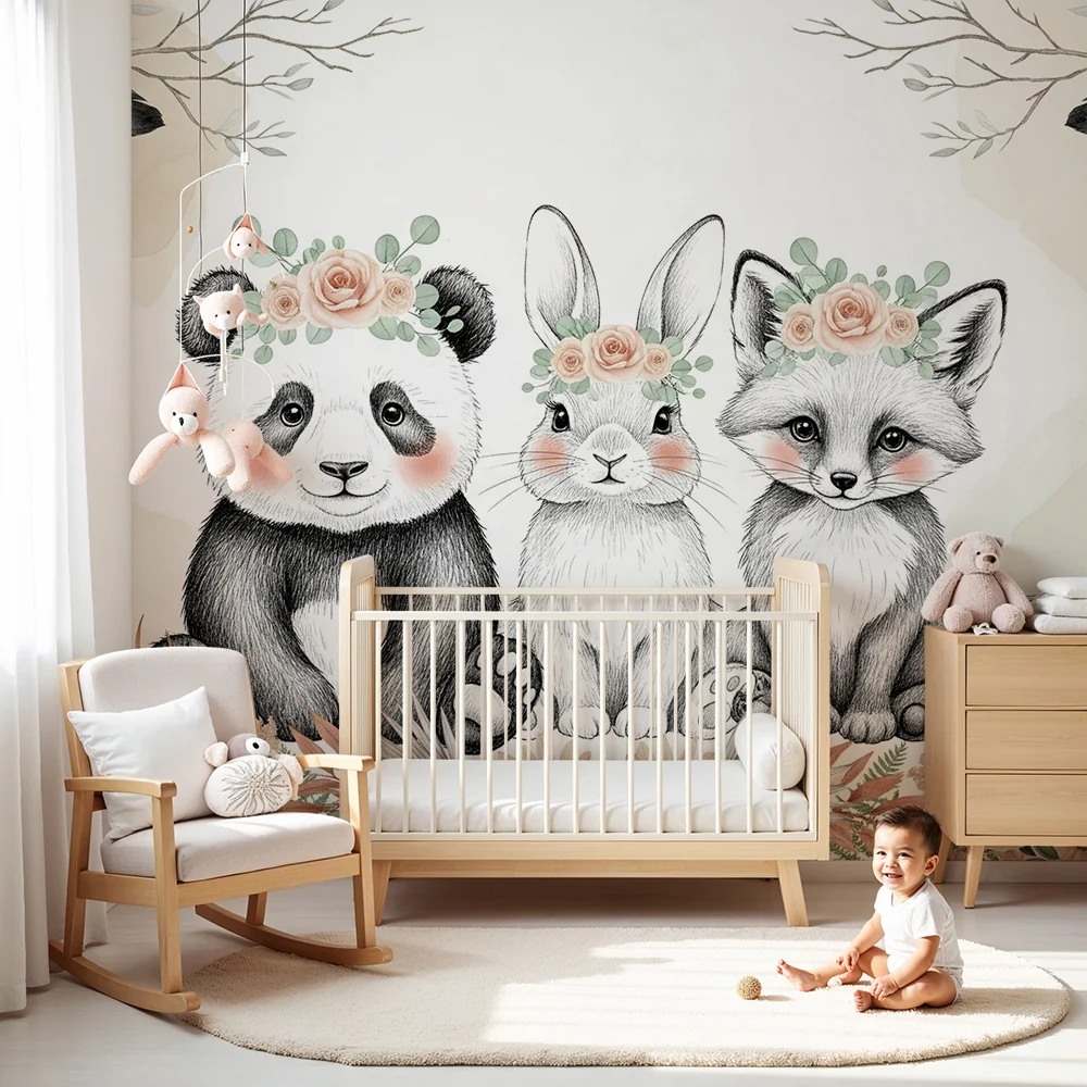 Papel de parede quarto bebê | Милите животни с корони от бохемски цветя