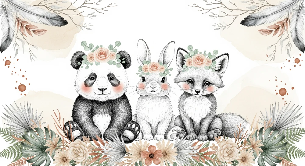 Papel de parede quarto bebê | Милите животни с корони от бохемски цветя