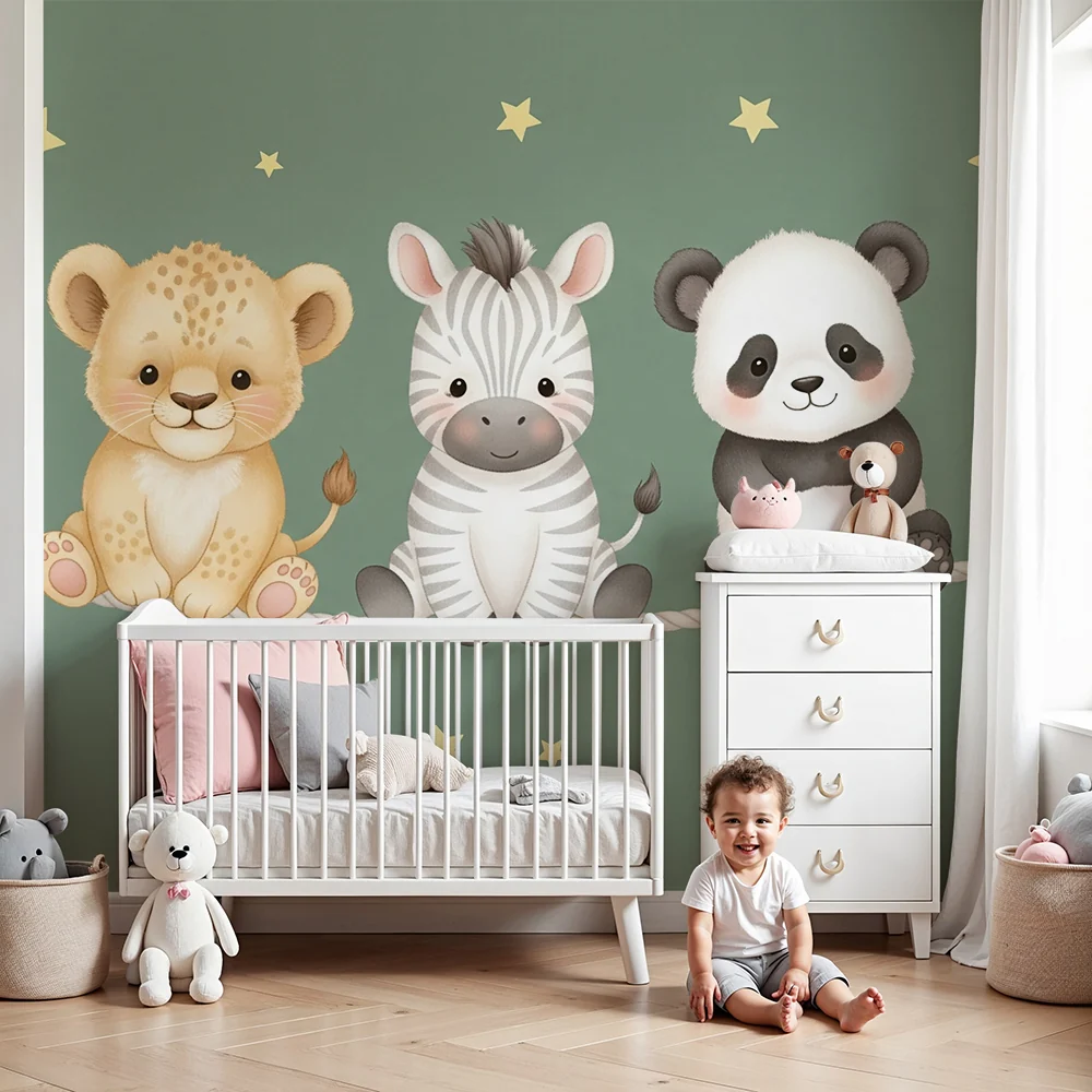 Papel de parede quarto bebê | Животни под звездите и зелен фон