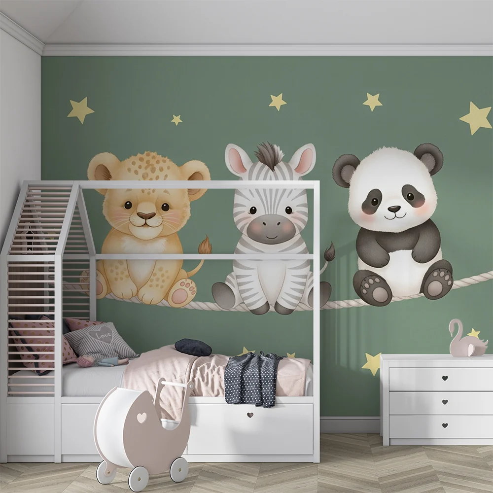 Papel de parede quarto bebê | Животни под звездите и зелен фон