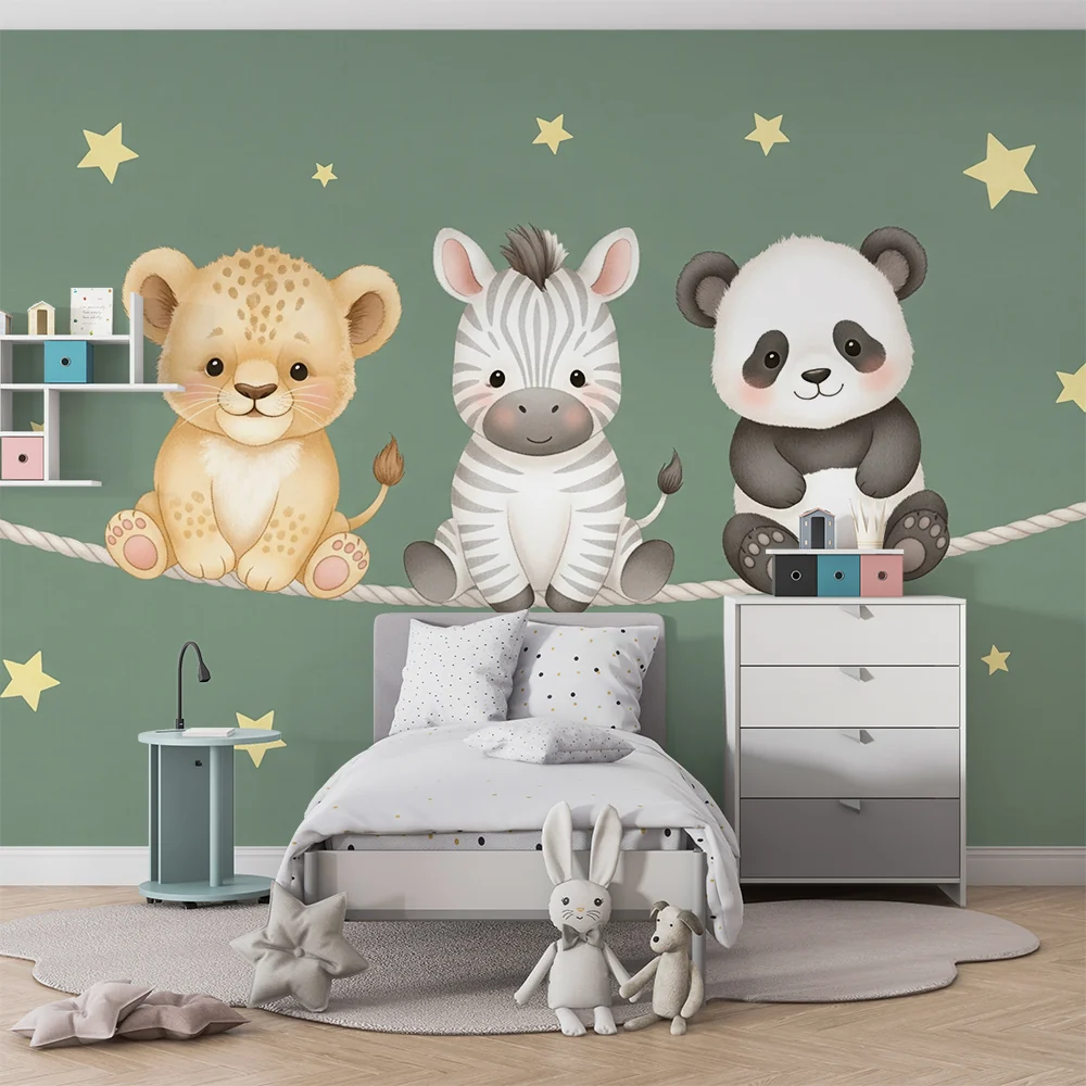 Papel de parede quarto bebê | Животни под звездите и зелен фон