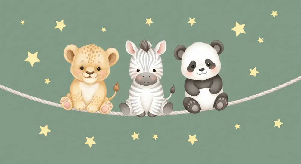 Papel de parede quarto bebê | Животни под звездите и зелен фон