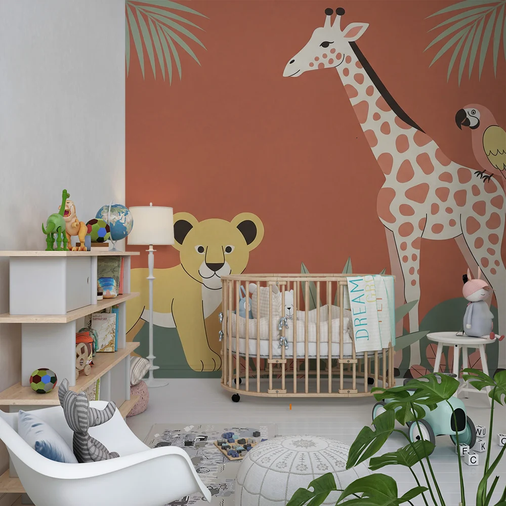 Papel de parede quarto bebê | Джунгленски животни с жираф, лъвче и цветен папагал