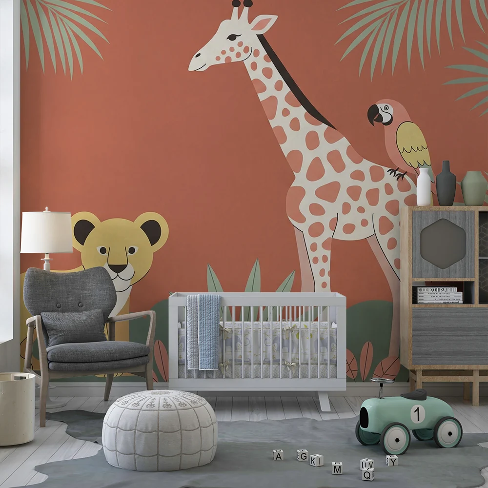 Papel de parede quarto bebê | Джунгленски животни с жираф, лъвче и цветен папагал