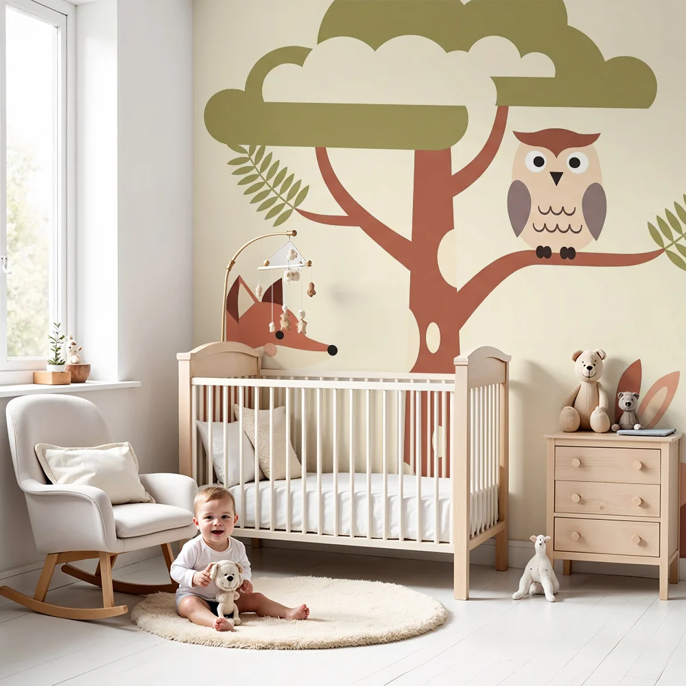 Papel de parede quarto bebê | Горски животни с лисица, сова и заек