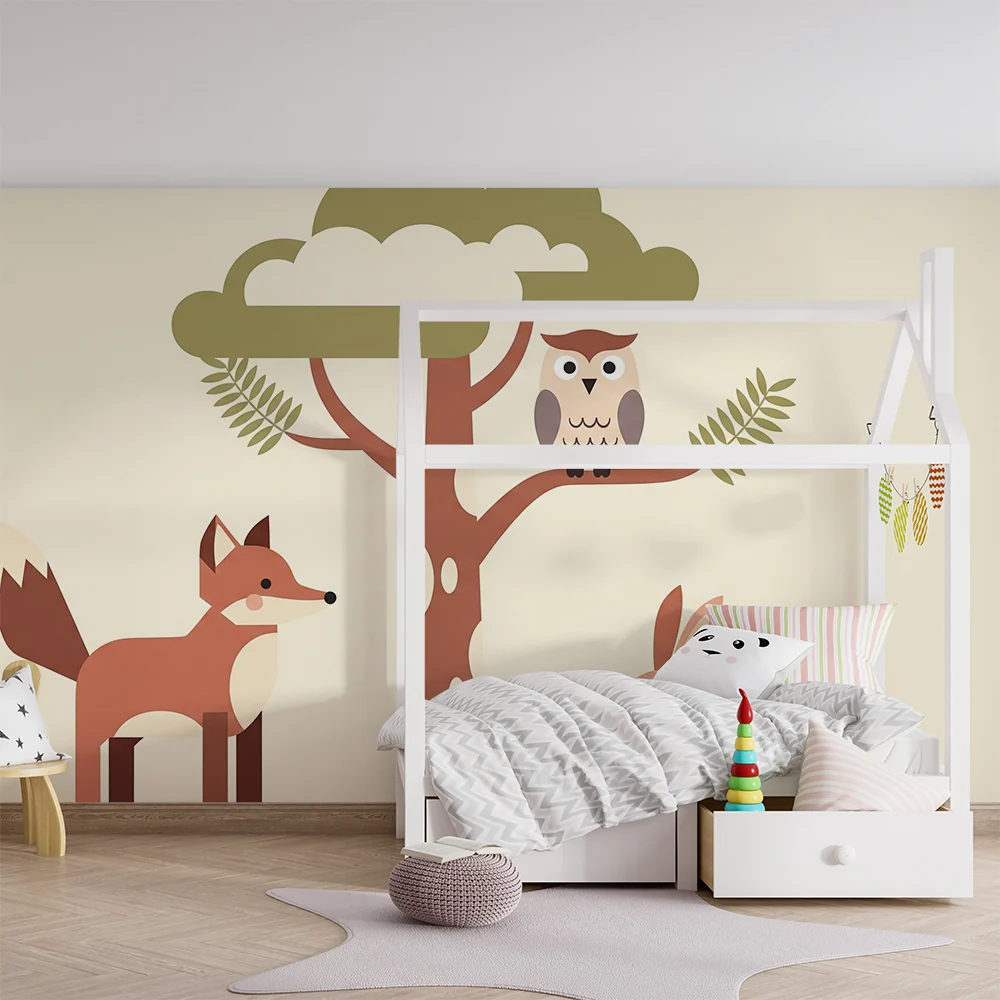 Papel de parede quarto bebê | Горски животни с лисица, сова и заек