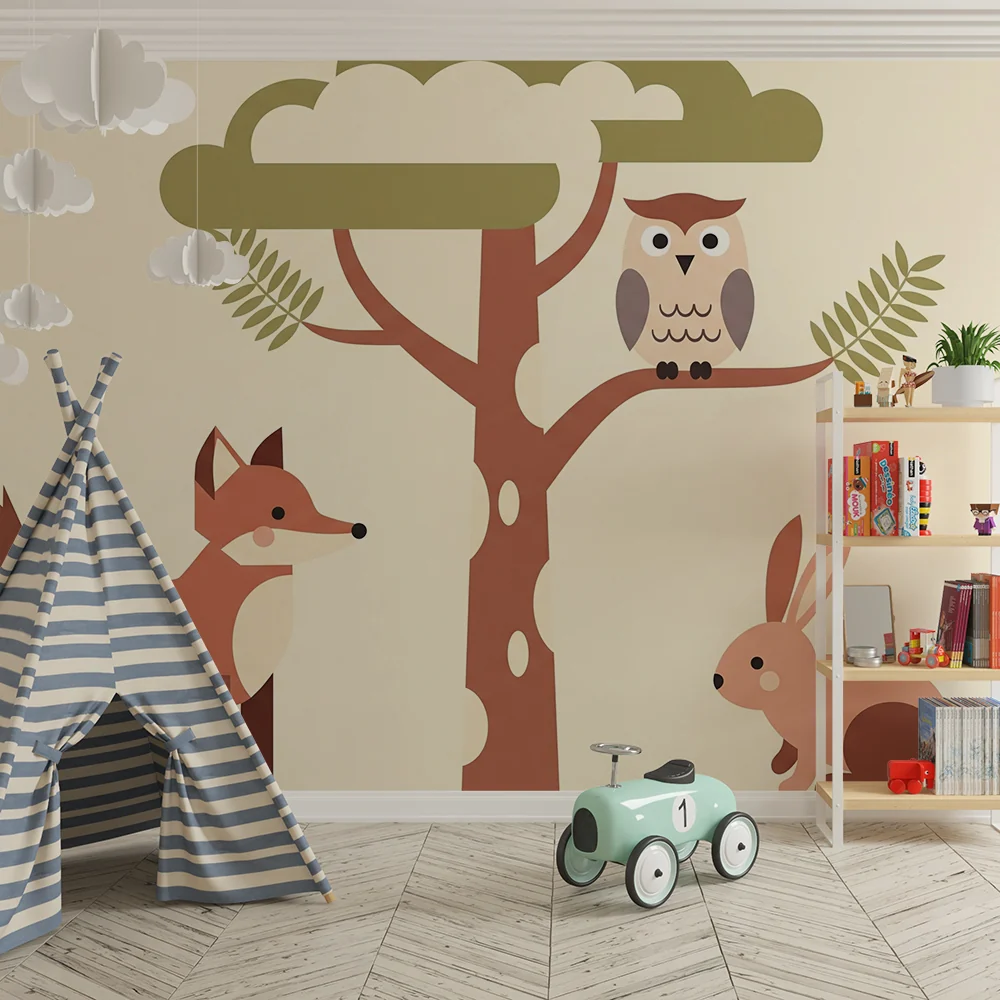 Papel de parede quarto bebê | Горски животни с лисица, сова и заек