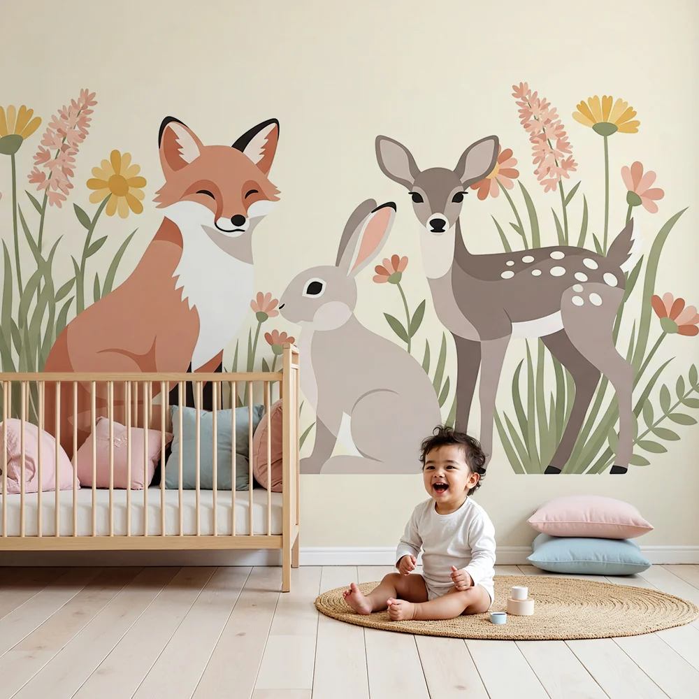 Papel de parede quarto bebê | Животни от гората, заобиколени от цветя