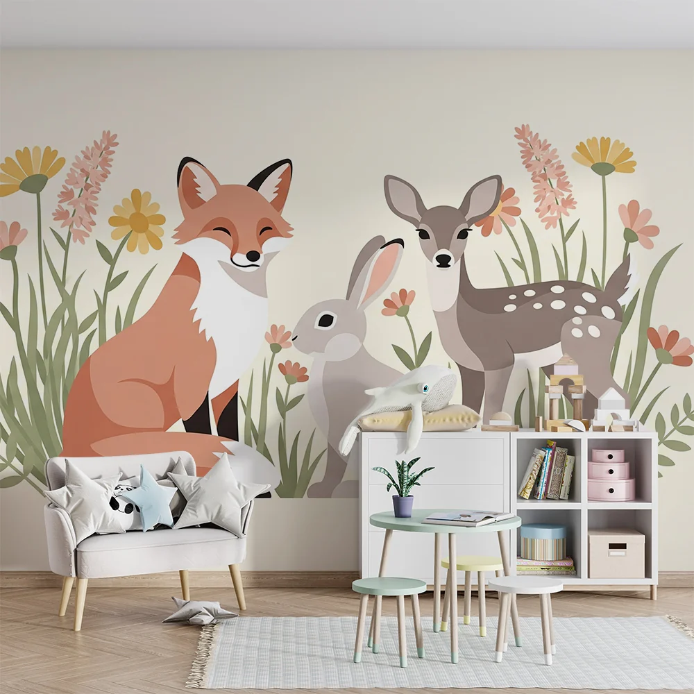 Papel de parede quarto bebê | Животни от гората, заобиколени от цветя
